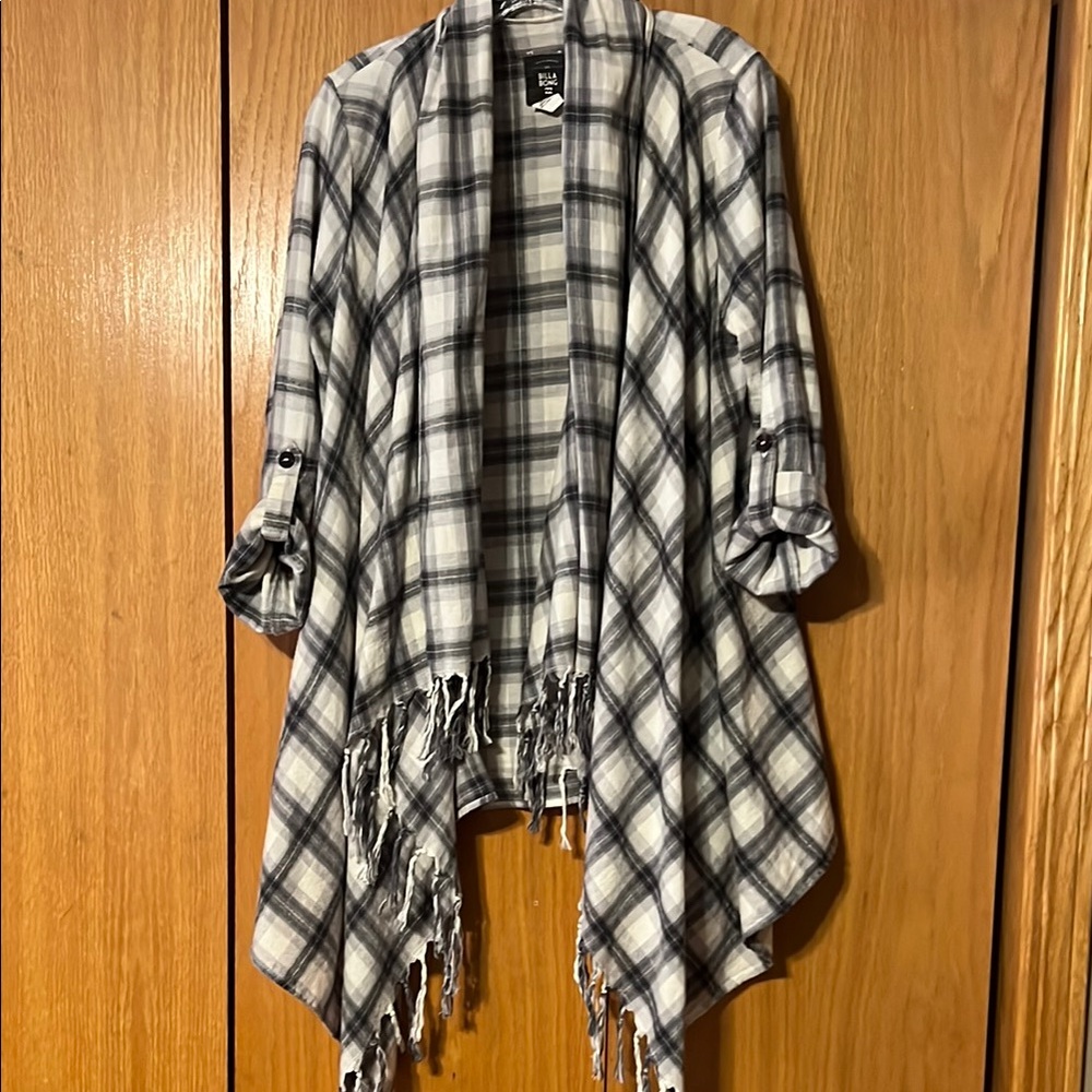 Billabong ONCE AGAIN Off Black Lightweight Plaid Flannel Open Junior's Cardigan